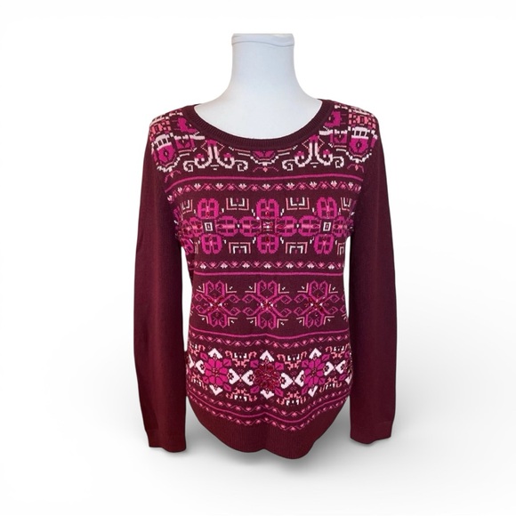 Sweaters - Talbots Fair Isle Lambswool Blend Beaded Sweater Burgundy Magenta Size Medium
